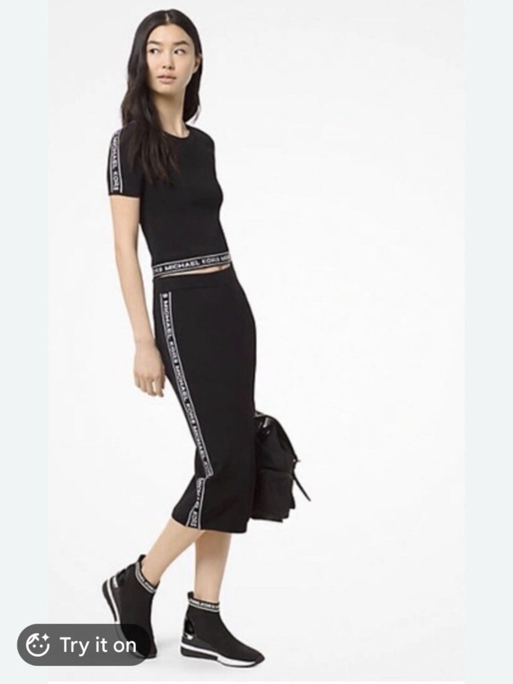 MICHAEL KORS Bandage Spandex Skirt Black Logo Sz XS SRP $155 Sexy